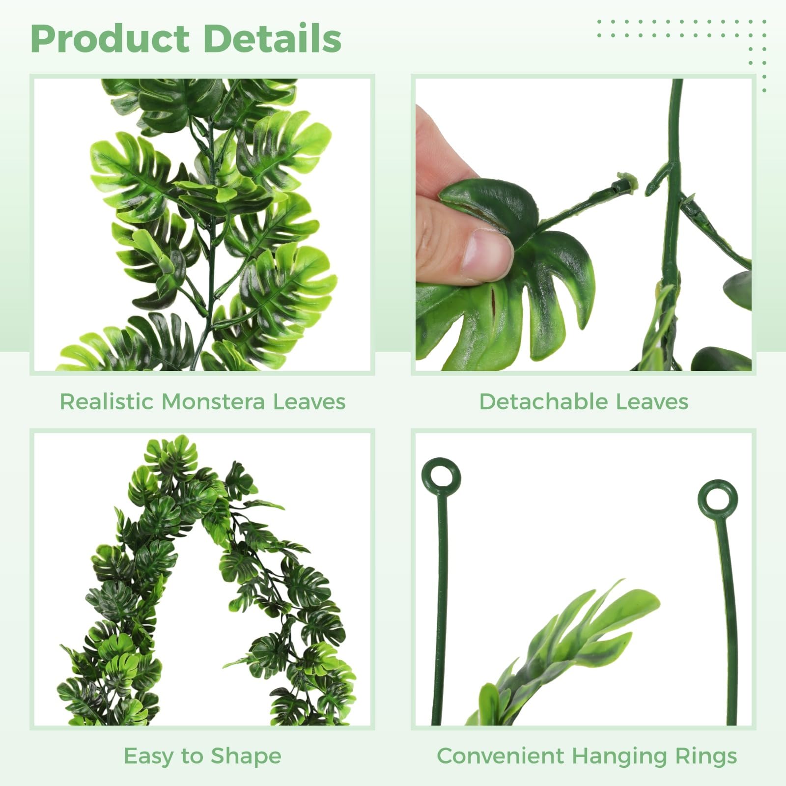 4 STK. künstliche Monstera-Blattranken, 5,8 Fuß hängende Grünpflanzen mit abnehmbaren tropischen Palmblättern, Kunststoff-Efeu-Monstera-Girlande für Garten, Veranda, Terrasse, Hawaii-Party-Deko