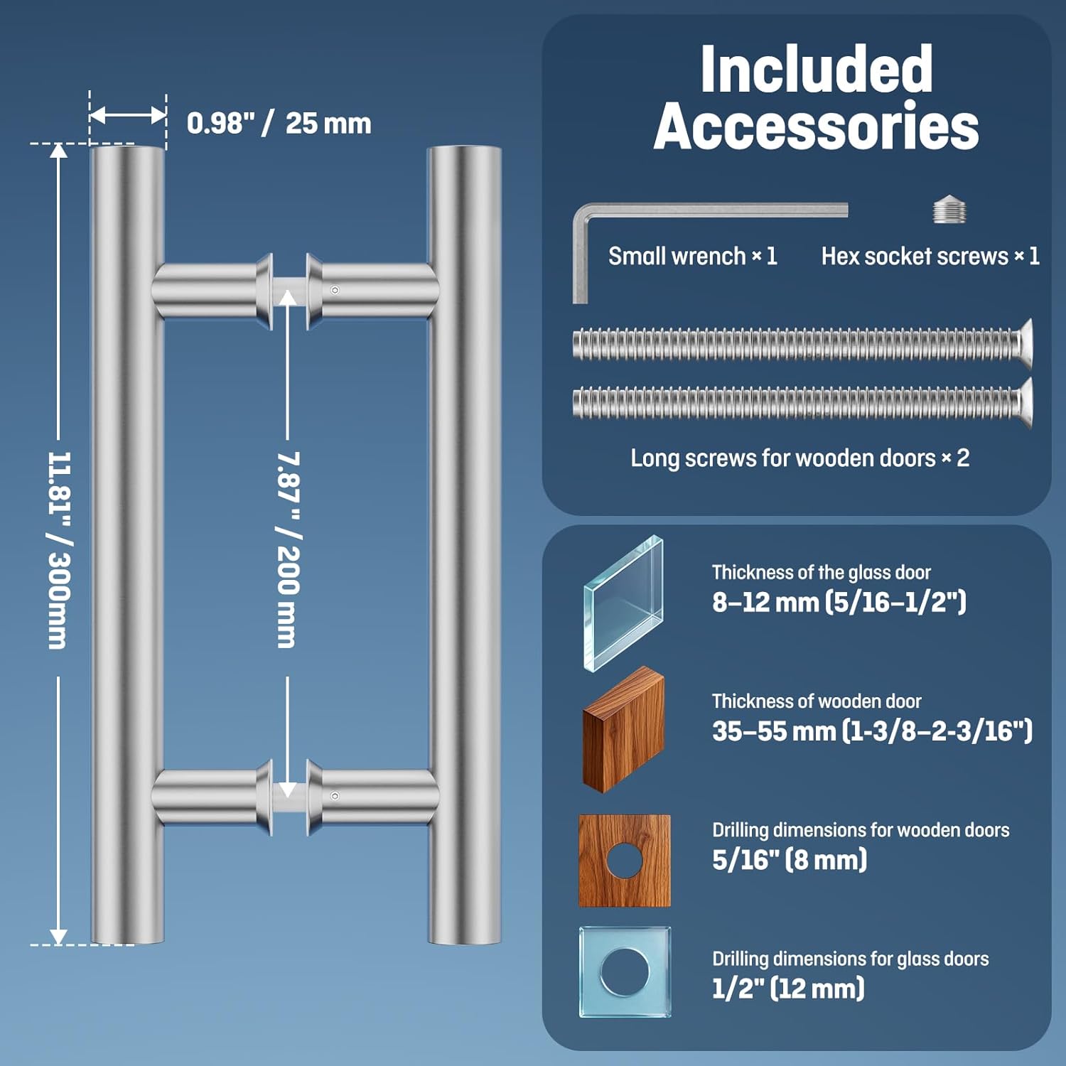 Ranbo Ladder Style 12" Push Pull Door Handle,200mm (7-7/8 inch) CTC,Back-to-Back Handle,Anti-Fingerprint, Heavy Duty 1.2mm Thick 304 Stainless Steel for Barn,Glass, Shower Doors, Brushed Nickel