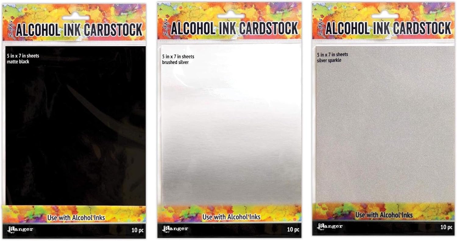 Tim Holtz Alcohol Ink Cardstock Surfaces, Bundle of 3 Colors, Matte Black, Brushed Silver, Silver Sparkle, 10 (5”x7”) Sheets Each Color