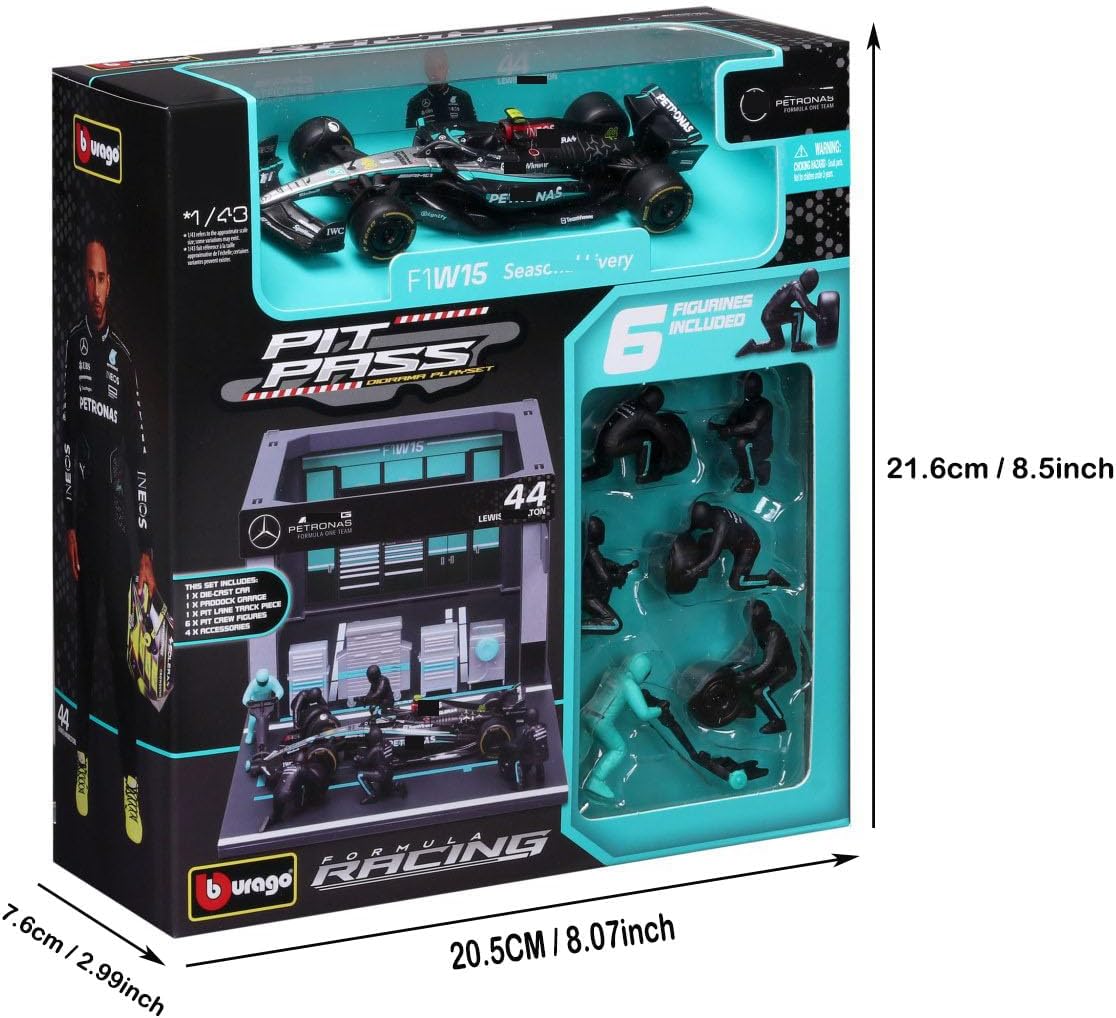 HTLNUZD 1:43 W15#44 Racing Car Pit Lane Version DieCast Alloy Model with 6 Pit Crew Figures, Premium Adult Collectible Gift