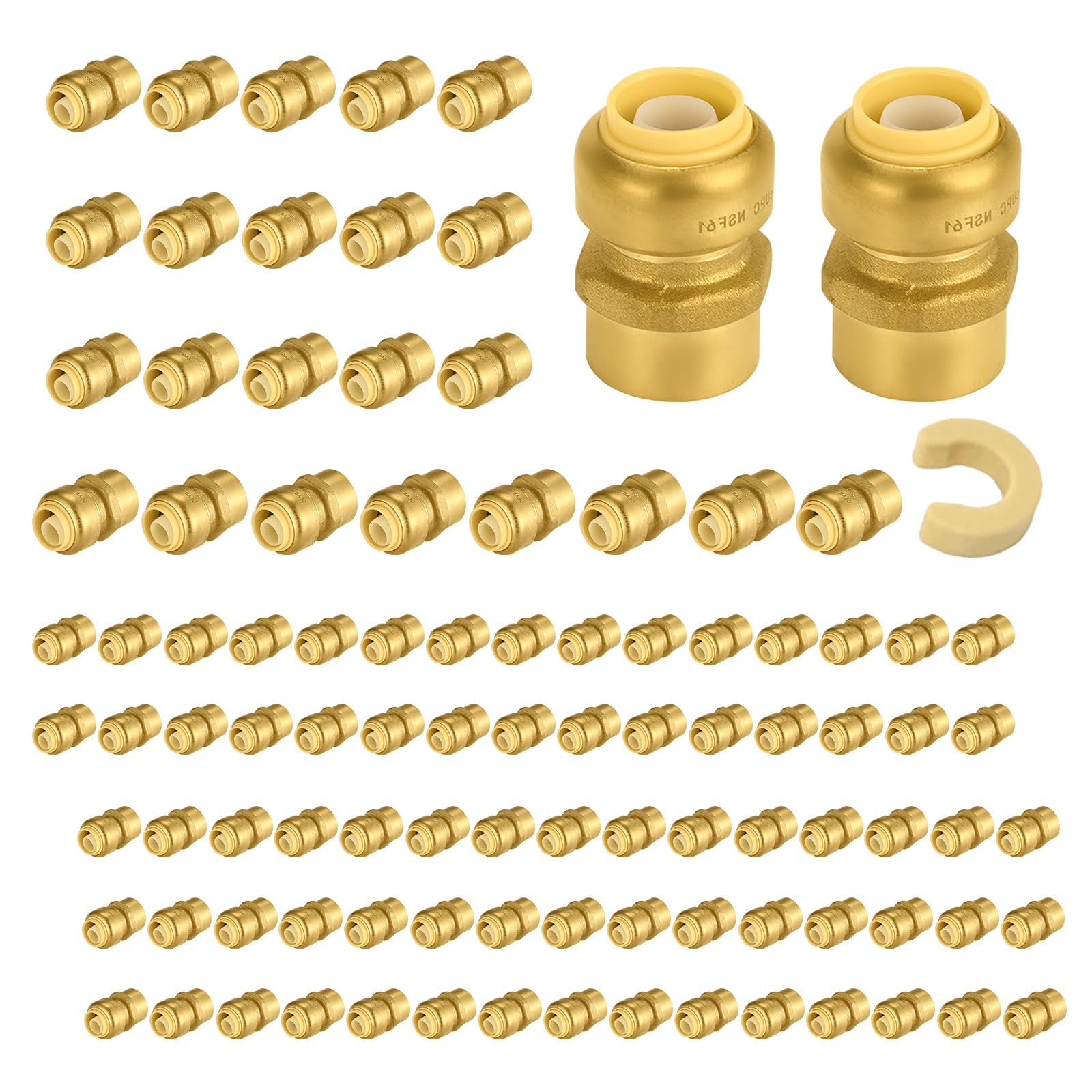 100 szt. Niikappu Push Fit 1/2 cala x 1/2 cala żeńskie adaptery mosiężne NPT, złączki wciskane z klipsem odłączającym do podłączenia rur PEX, miedzi, CPVC (PF030-100 sztuk)