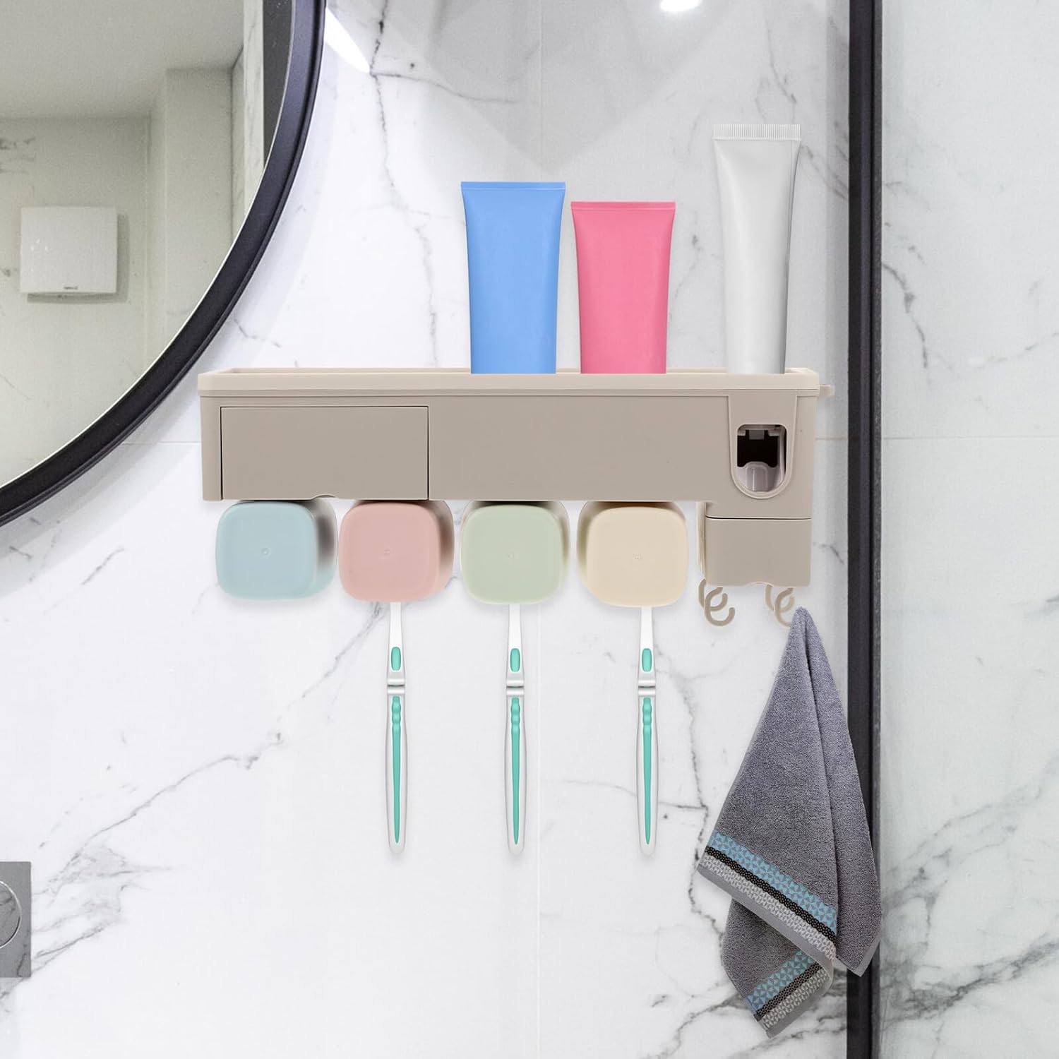 FUOYLOO Wall-mounted Toothbrush Organizer Rack Non-punching Bathroom Shelf with Automatic Toothpaste Squeezer Person Family Grey Bathroom Accessory Storage