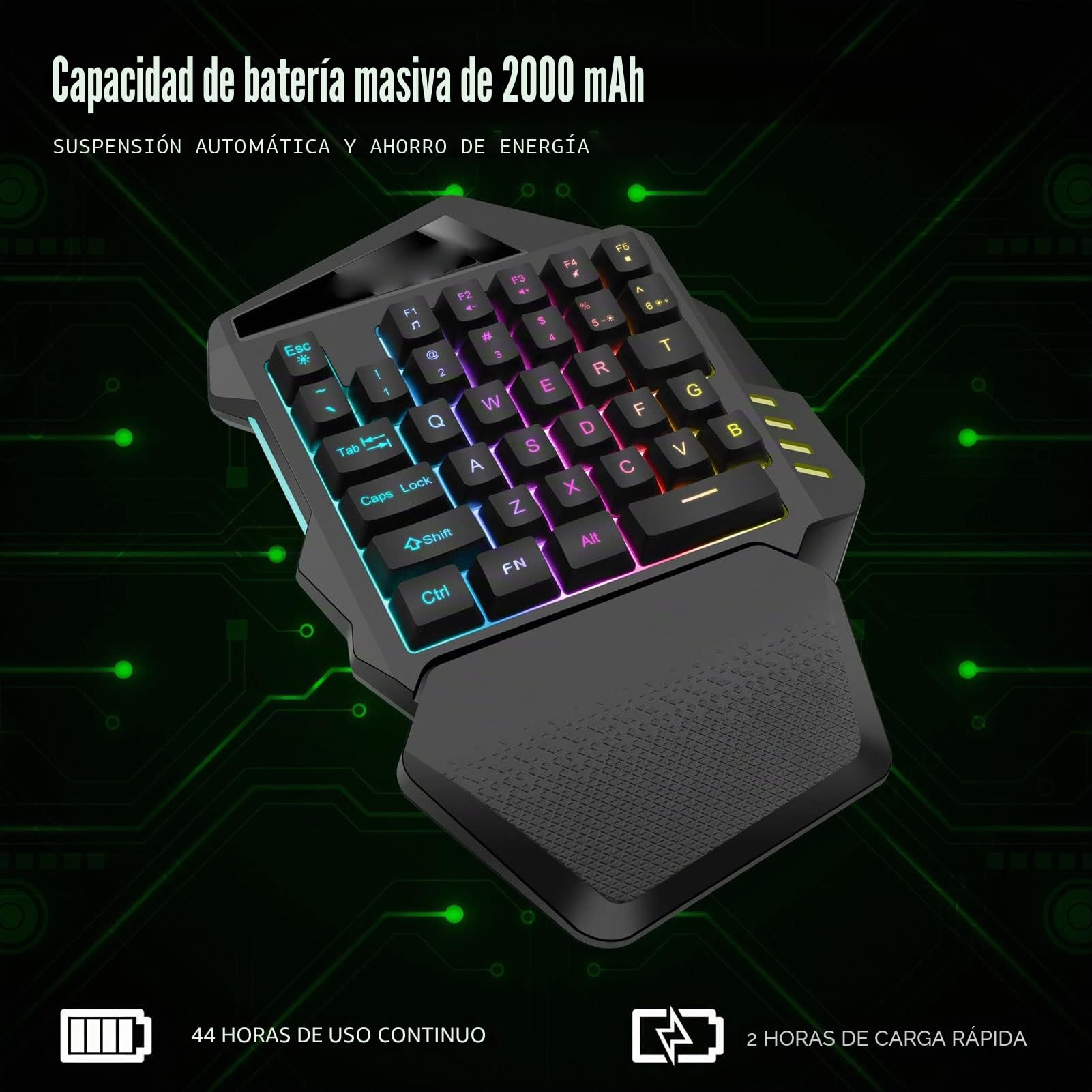VBESTLIFE Teclado para Juegos RGB de una Mano, Teclado Inalámbrico de 35 Teclas Tipo C 2,4G para una Sola Mano, Mini Teclado para Juegos, para Jugadores de PC