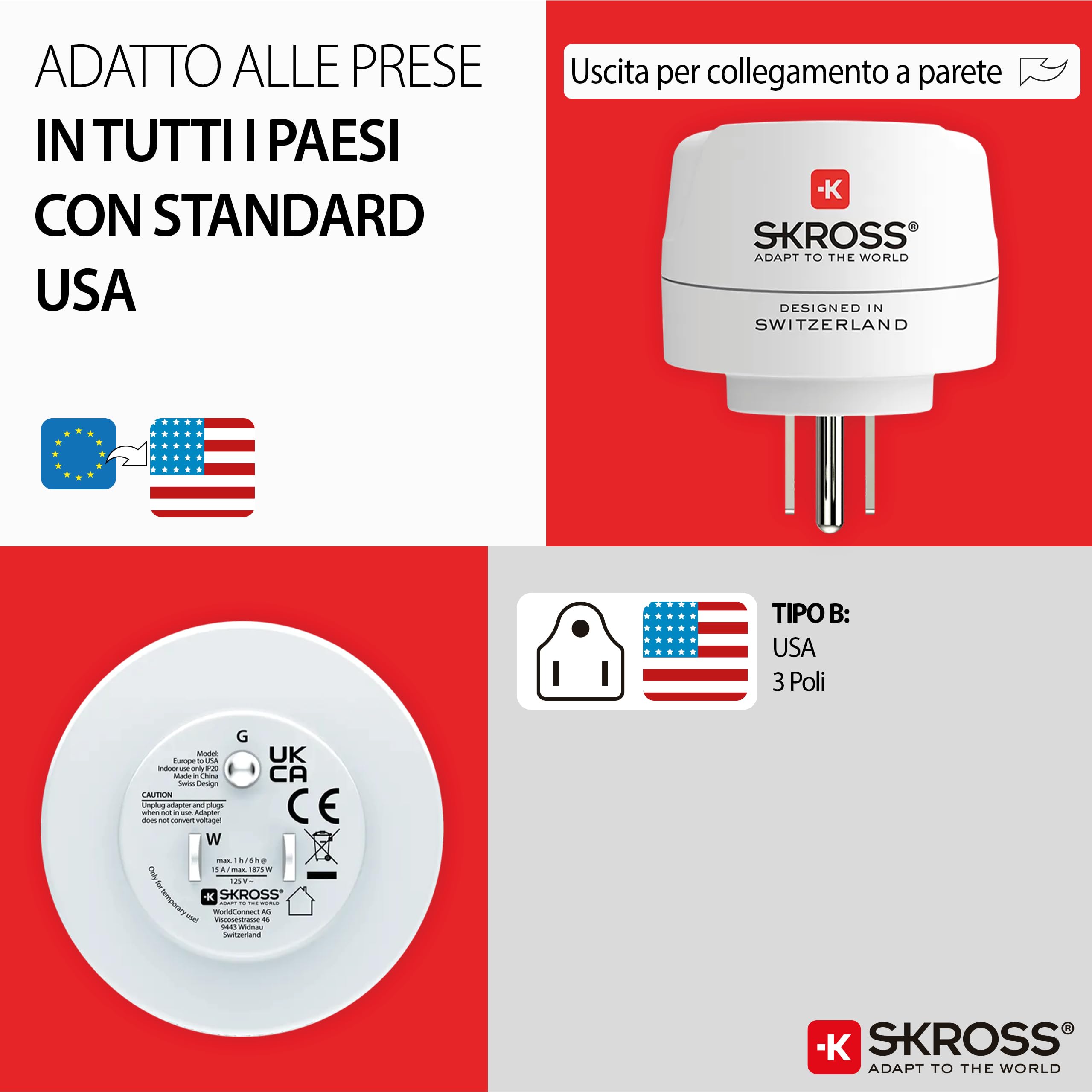 SKROSS | 1.500203-E | Europe to USA | Adattatore da Viaggio Internazionale - Entrata Presa Shuko o Europea, Uscita Spina USA - Tensione e Potenza 100V – 1500W / 250V – 3750W. Protezione Anti Scossa
