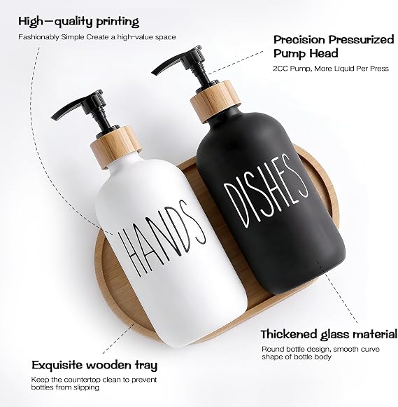 2 Pack 500ml Black & White Glass Soap Dispensers with Bamboo Tray - Refillable Hand & Dish Soap Dispenser Set for Kitchen Countertop and Bathroom, Shampoo Lotion Bottles with Pump