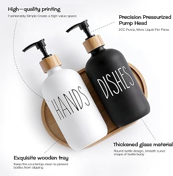 2 Pack 500ml Black & White Glass Soap Dispensers with Bamboo Tray - Refillable Hand & Dish Soap Dispenser Set for Kitchen Countertop and Bathroom, Shampoo Lotion Bottles with Pump