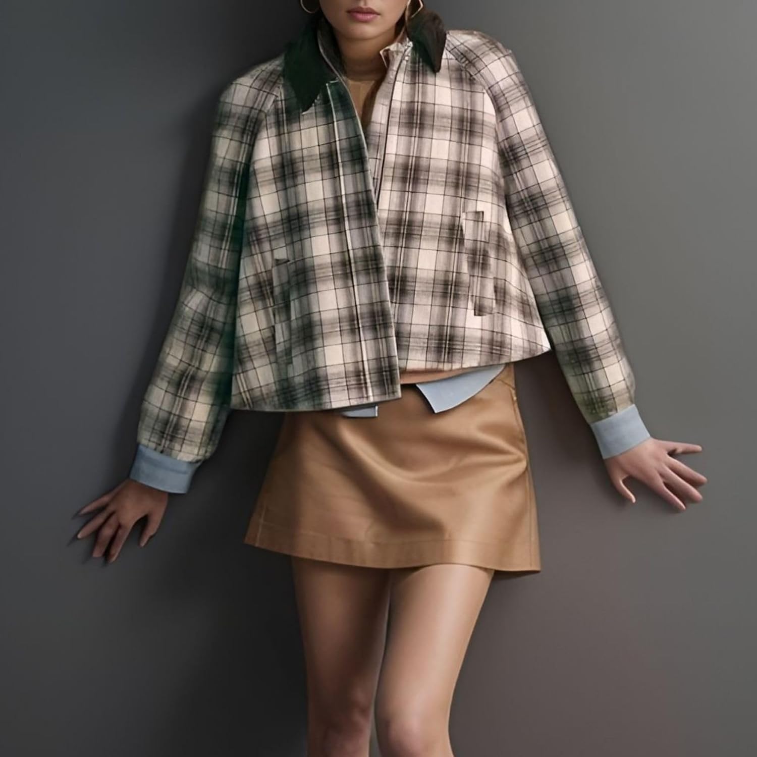 Chevara Women’s Cropped Plaid Jacket Vintage Lapel Collar Long Sleeve Zip Up Outerwear Coat with Pockets - Image 3