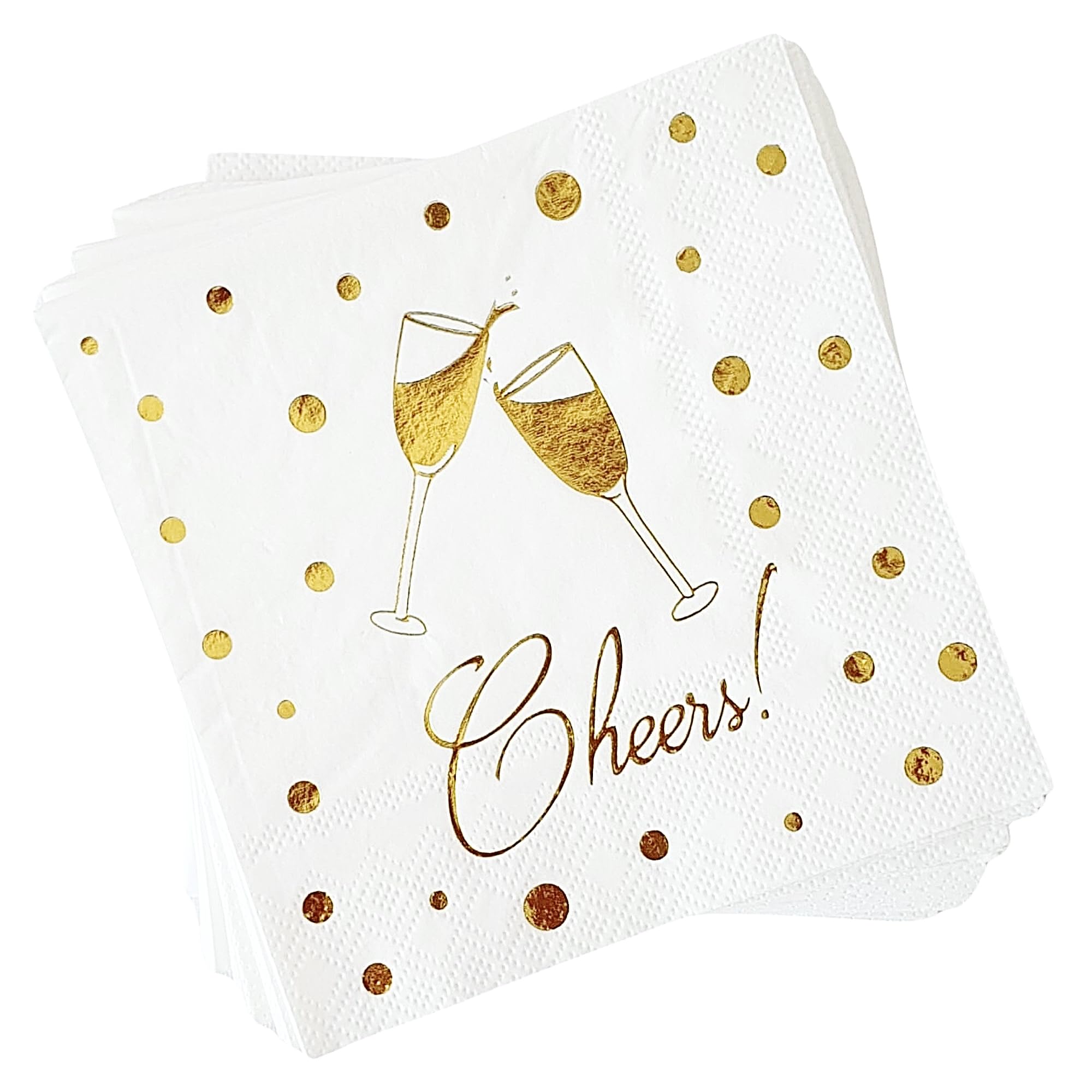 ST&JT Cheers Cocktail Napkins 3-Ply - Elegant Wedding Cocktail Napkins for Bar & Engagement Napkins for Party, Beverages, Drinks - Perfect White and Gold Cocktail Napkins for Festival and Events (50)