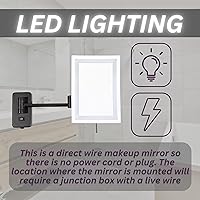 Vista 4 de JERDON Espejo de maquillaje rectangular para montaje en pared, espejo de maquillaje negro con aumento 5X y luces LED, cable directo