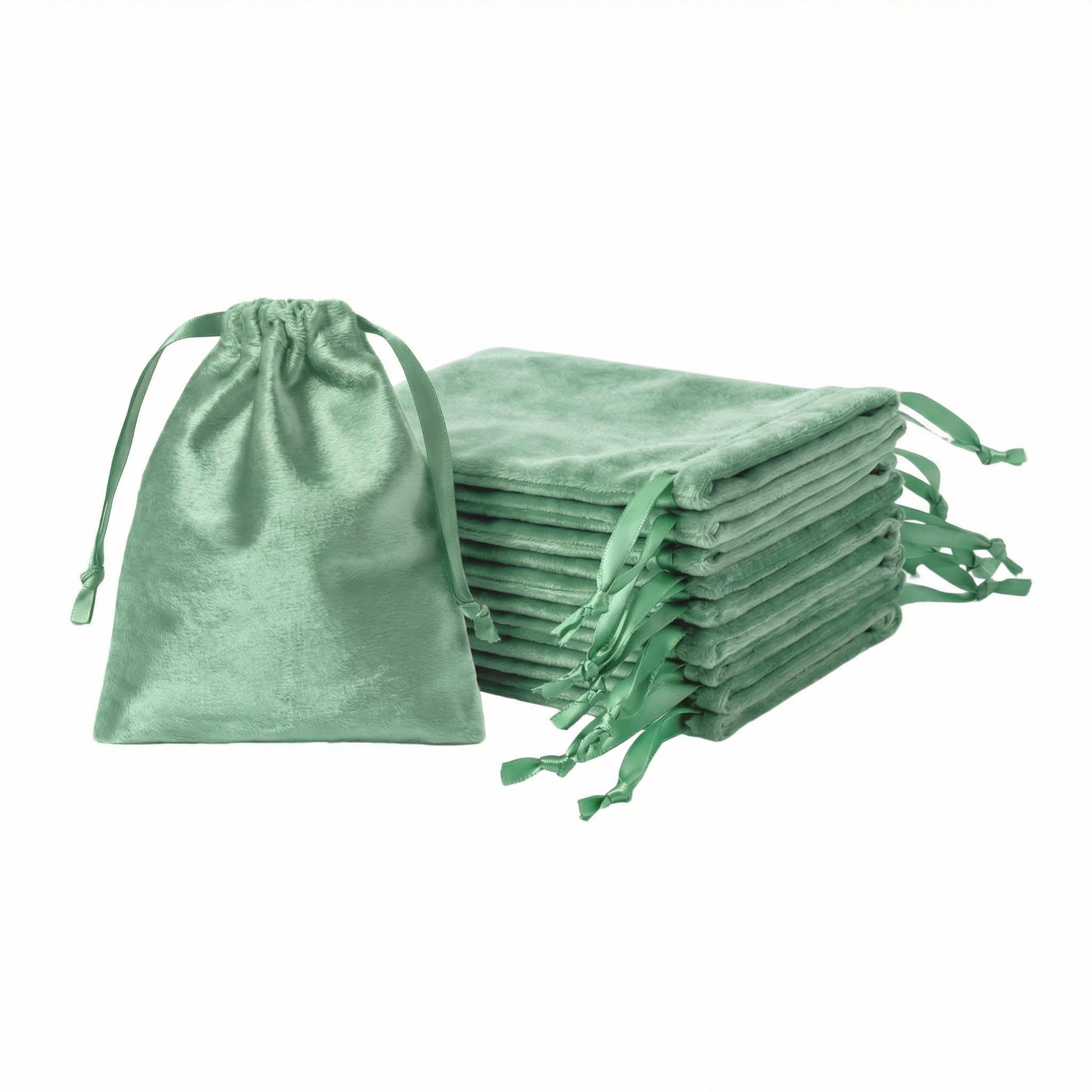 QIANF 12pcs Sage Green Velvet Drawstring Bags 3x4 inches Mini Velvet Cloth Gift Bags Jewelry Pouches for Storage Wedding Party Favor Christmas