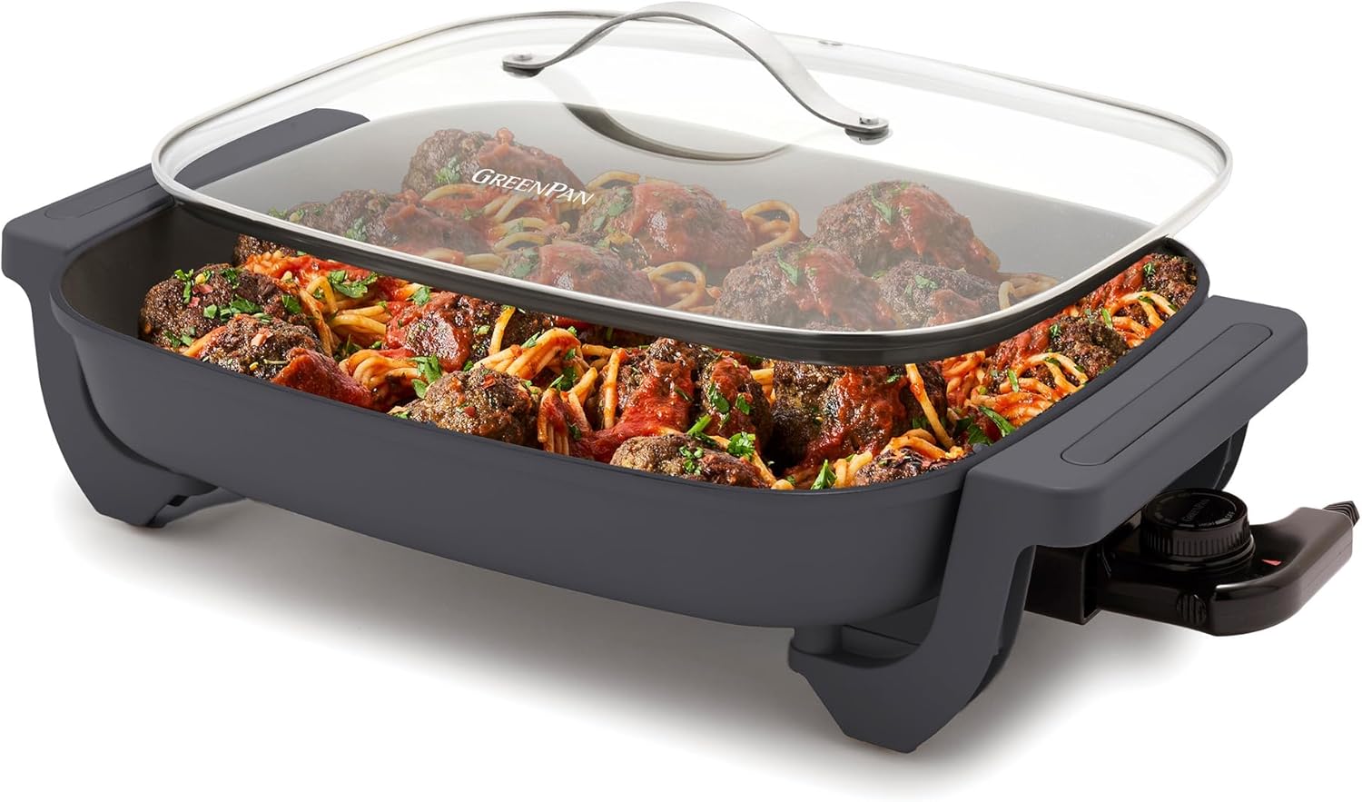 ( incomplete/ used) GreenPan Advanced 12” X 15” Electric Skillet with Lid, 7QT Capacity for Family Meals, Healthy Ceramic Nonstick PFAS-Free Coating, Fry, Sauté, Steam, Simmer, Sear, Stir Fry, Dishwasher Safe, Graphite 12\" x 5\" Electric Skillet Graphite