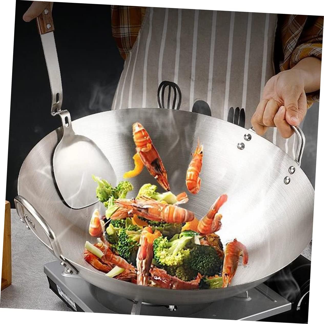 2 Pcs Stainless Steel Wok Outdoor Griddle Round Bottom Wok Flat Frying Pan Stainless Steel Wok with Lid Stovetop Griddle Paella Cooking Pan Practical Cooking Wok Camping Wok Wok/1164 (Color : Silverx