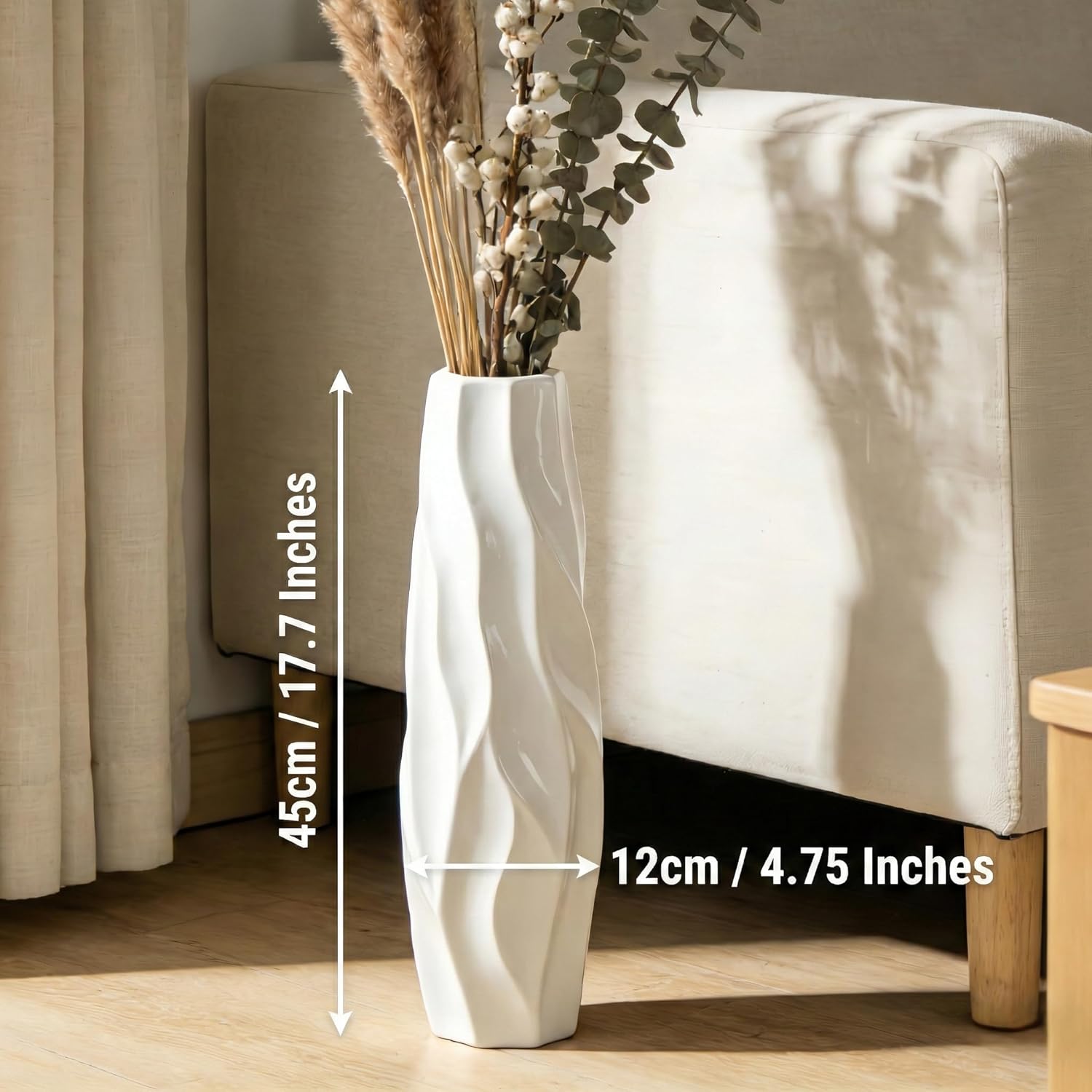 Floor Vase, GDSZJLJ 17.7 Inches Tall Ceramic White Large Decorative Vases for Modern Home Decor, Living Room, Minimalist Style Flower Vase for Pampas Grass, Flowers, Twigs, Office, Bedroom Décor