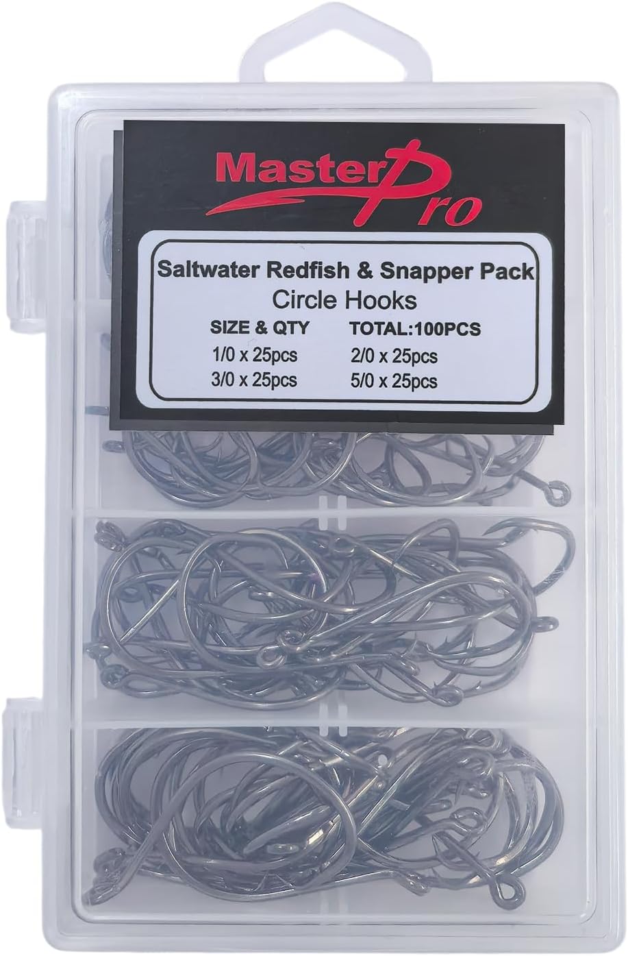 MASTERPRO Saltwater Redfish & Snapper Pack Circle Hooks with Holes, High-Carbon Steel Barbed 1/0 2/0 3/0 5/0 100pcs Portable Boxed Powerful Fishing Hooks