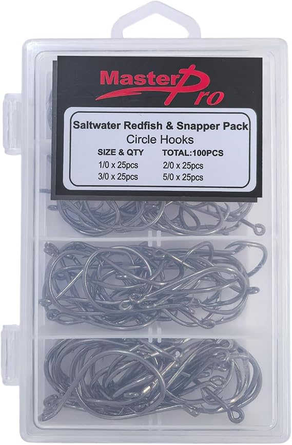 MASTERPRO Saltwater Redfish & Snapper Pack Circle Hooks with Holes, High-Carbon Steel Barbed 1/0 2/0 3/0 5/0 100pcs Portable Boxed Powerful Fishing Hooks