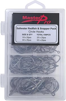 MASTERPRO Saltwater Redfish & Snapper Pack Circle Hooks with Holes, High-Carbon Steel Barbed 1/0 2/0 3/0 5/0 100pcs Portable Boxed Powerful Fishing Hooks