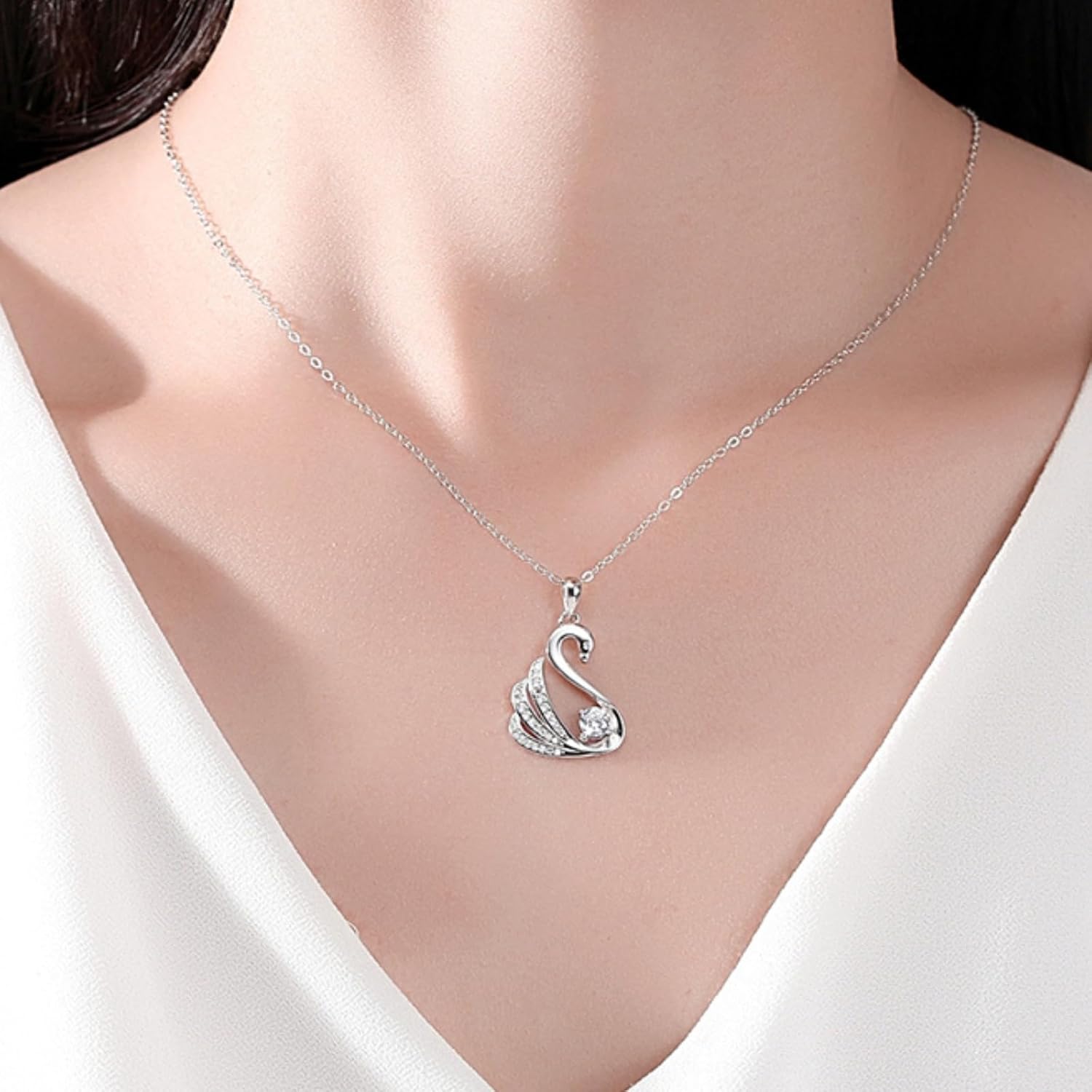 Swan Necklace for Women, 925 Sterling Silver Pendant Necklace with Moissanites and White Gold Plated, Adjustable 18-20" Chain Necklaces, Birthday Jewelry Gifts for Wife Girlfriend Her