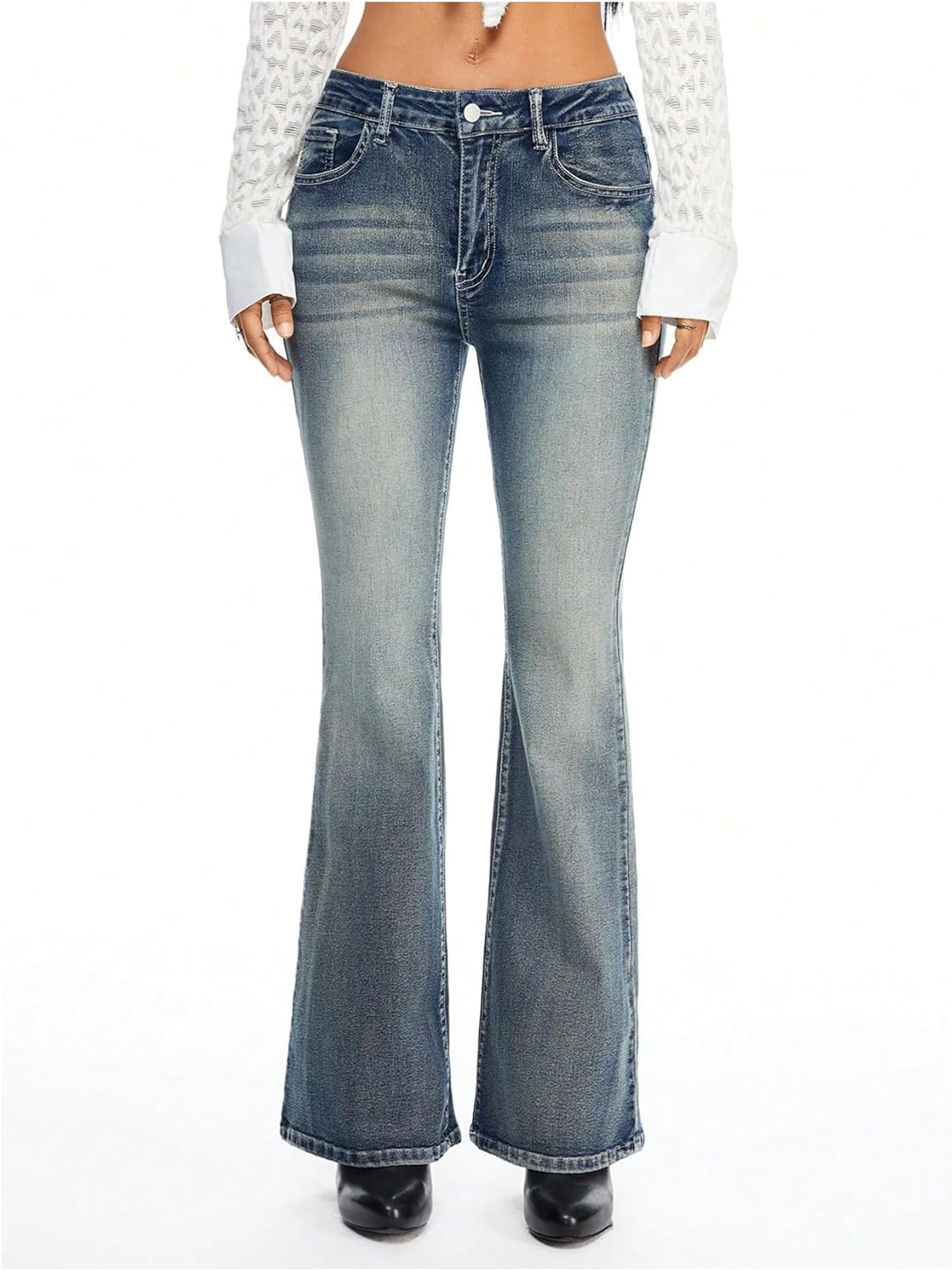 Women's Mid Rise Stretch Bootcut Jeans - Skull Embroidered Blue Denim Pants with Rhinestones Y2K