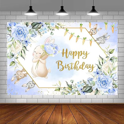 Miniatura 3 de Fondo de fiesta de feliz cumpleaños de 7 x 5 pies, conejito de primavera, Pascua, conejo, floral, mariposa, zanahoria, fondo de fotografía, fondo de