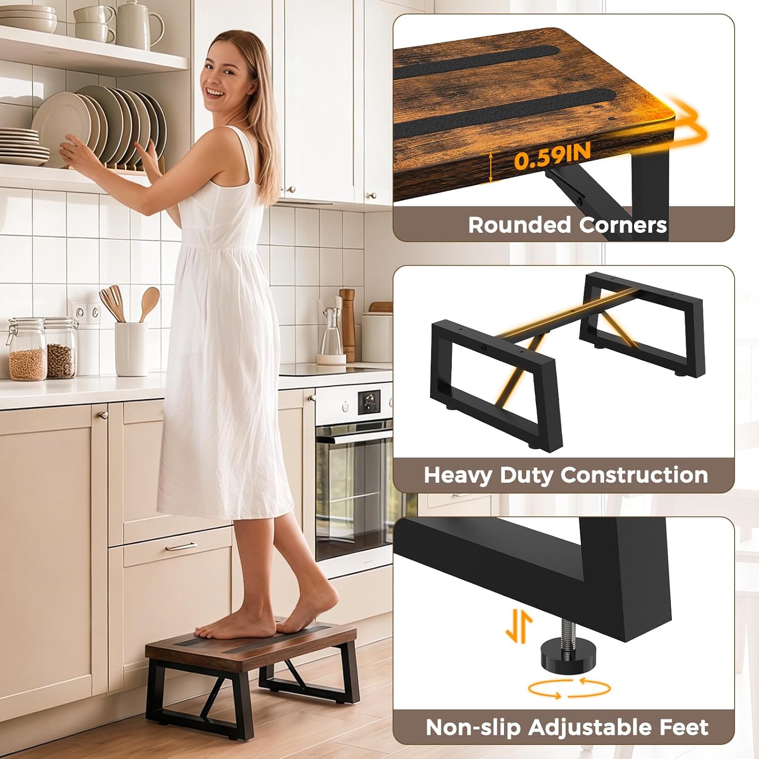 Step Stool, NomNest One Step Wooden Ladder Metal Foot Stool Small Kitchen Stool Helper for Toddler Adults, Ladder Chair for Home Bedside Bathroom Sink Potty