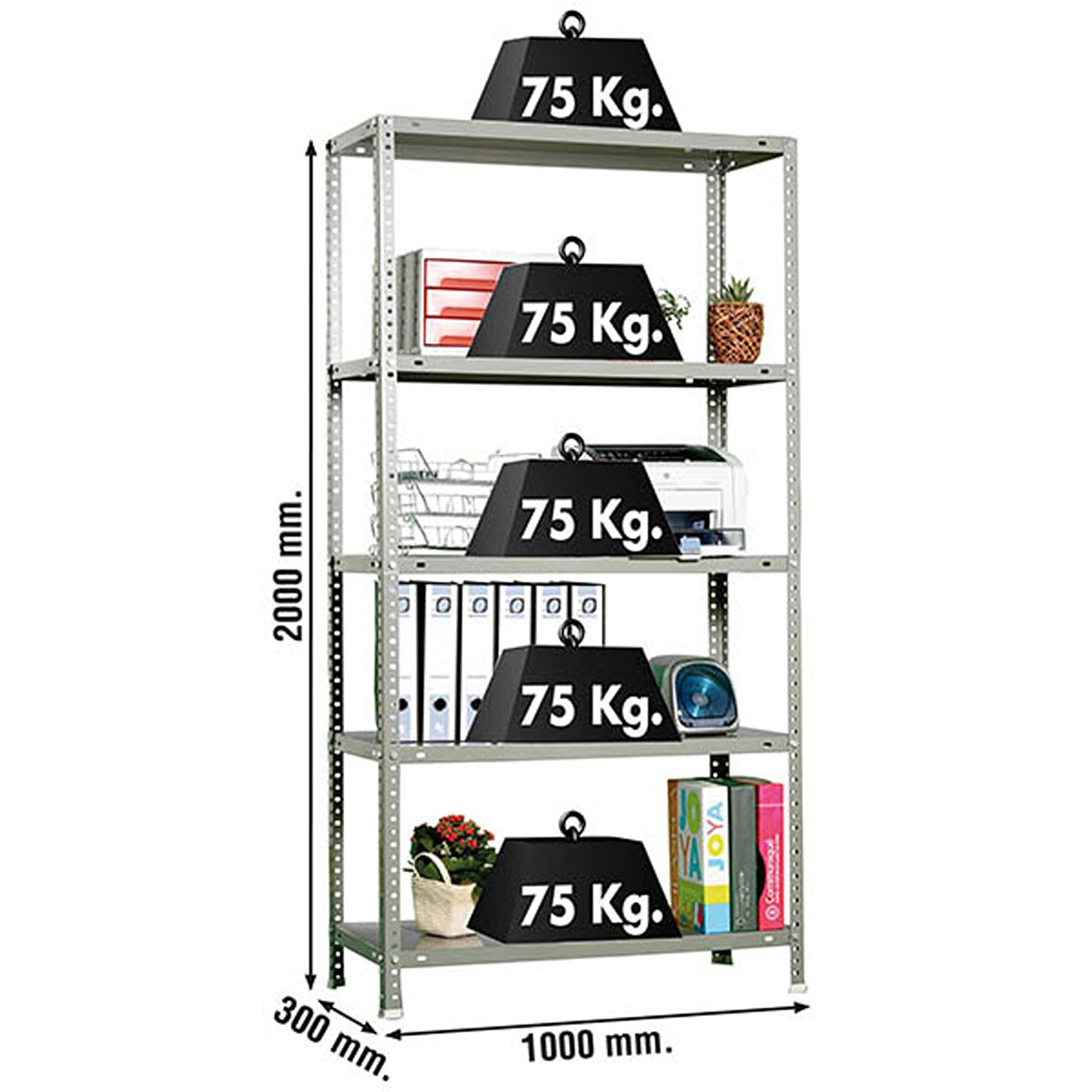 Simon Rack Étagère Métallique 2000x1000x300 mm, 5 Niveaux, Tablettes en Acier, 75 kg par Niveau, Gris – Advantage