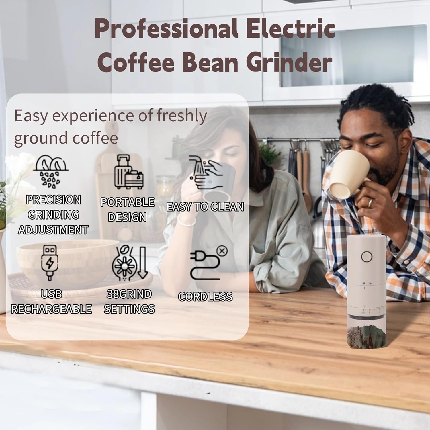 Portable Electric Conical Burr Coffee Grinder, Rechargeable Bean Mills, 38 Adjustable Grind Settings, Compact Travel Grinder for Espresso, Cold Brew, Pour Over