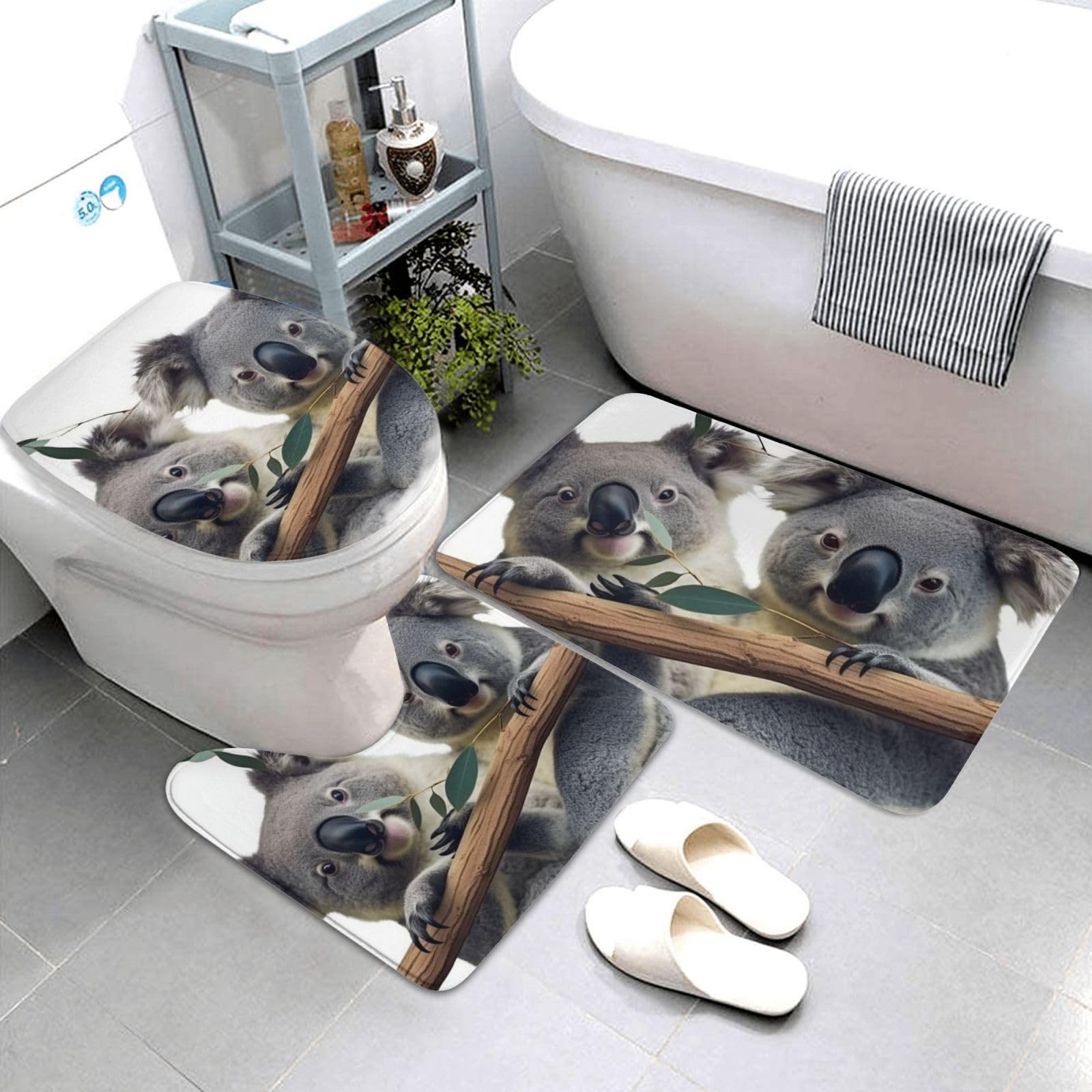 Dwrepo Funny Koalas Print Bathroom Rug Set 3 Piece with Non-Slip U-Shaped Contour Mat and Toilet Lid Cover for Bathroom Decoration