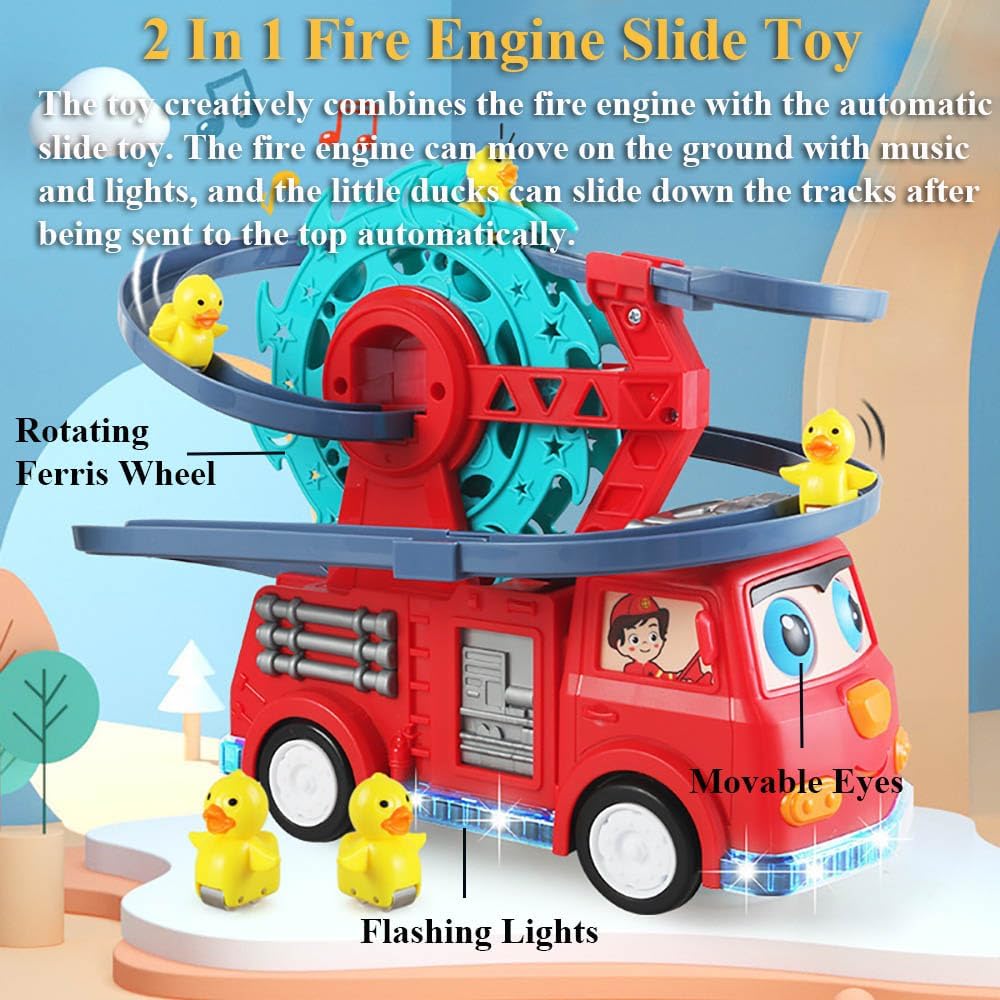 2-in-1 Fire Engine Slide Toy for Kids – Interactive Toddler Playset with Music, Lights, Racing Track & Ferris Wheel – Fun Birthday Gift Idea for Boys Girls Ages 3 4 5