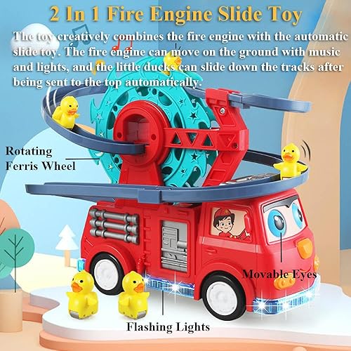 Miniatura 2 de Juguete deslizante de motor de bomberos 2 en 1 para niños – Juego interactivo para niños pequeños con música, luces, pista de carreras y noria –