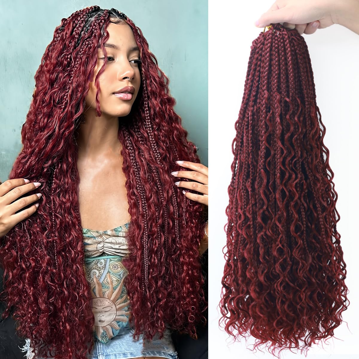 Boho Crochet Braids Human Hair Mixed 12 Inch Goddess Box Braids Crochet Hair with Curls Ends 9 packs Bohemian Braids (12Inch,1B)