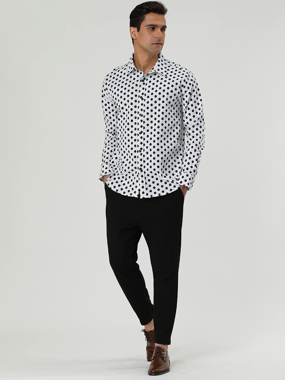 uxcell Men's Shirts Polka Dots Long Sleeve Slim Fit Printed Dress Button Down Shirt