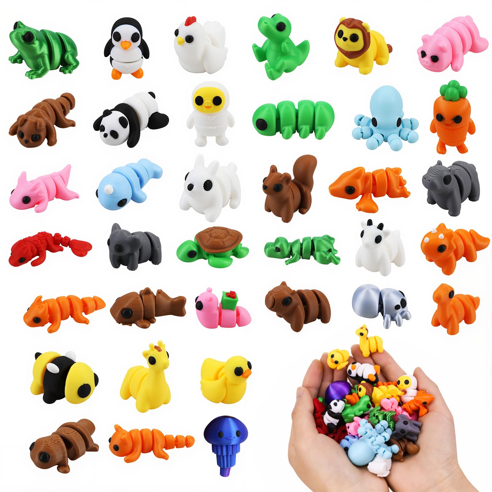 BD-Herego 3D Printed Mini Animals, 36 Pcs Cute Mini Animal Fidget Toy Set, Articulated Mini Animal Figurines for Adults & Teens, Easter Basket Stuffers, Colourful Desk Decorations for Home Office