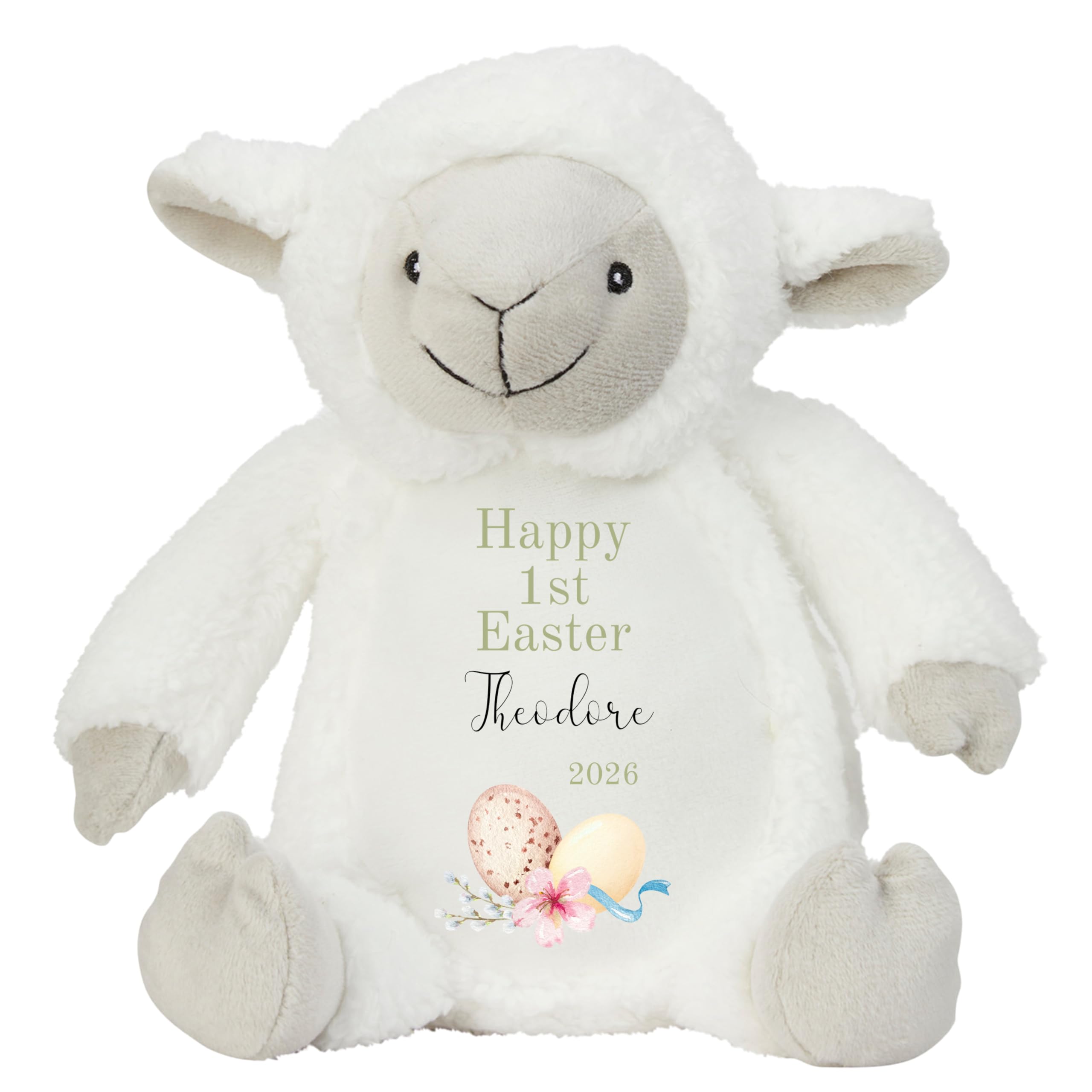 HotScamp Personalised Easter Bunny with Name - Happy 1st Easter Egg 2026 Green - Soft Toy for Baby, Toddler, Child, Kids, Babies Spring Time - Green Letter White Sheep Lamb
