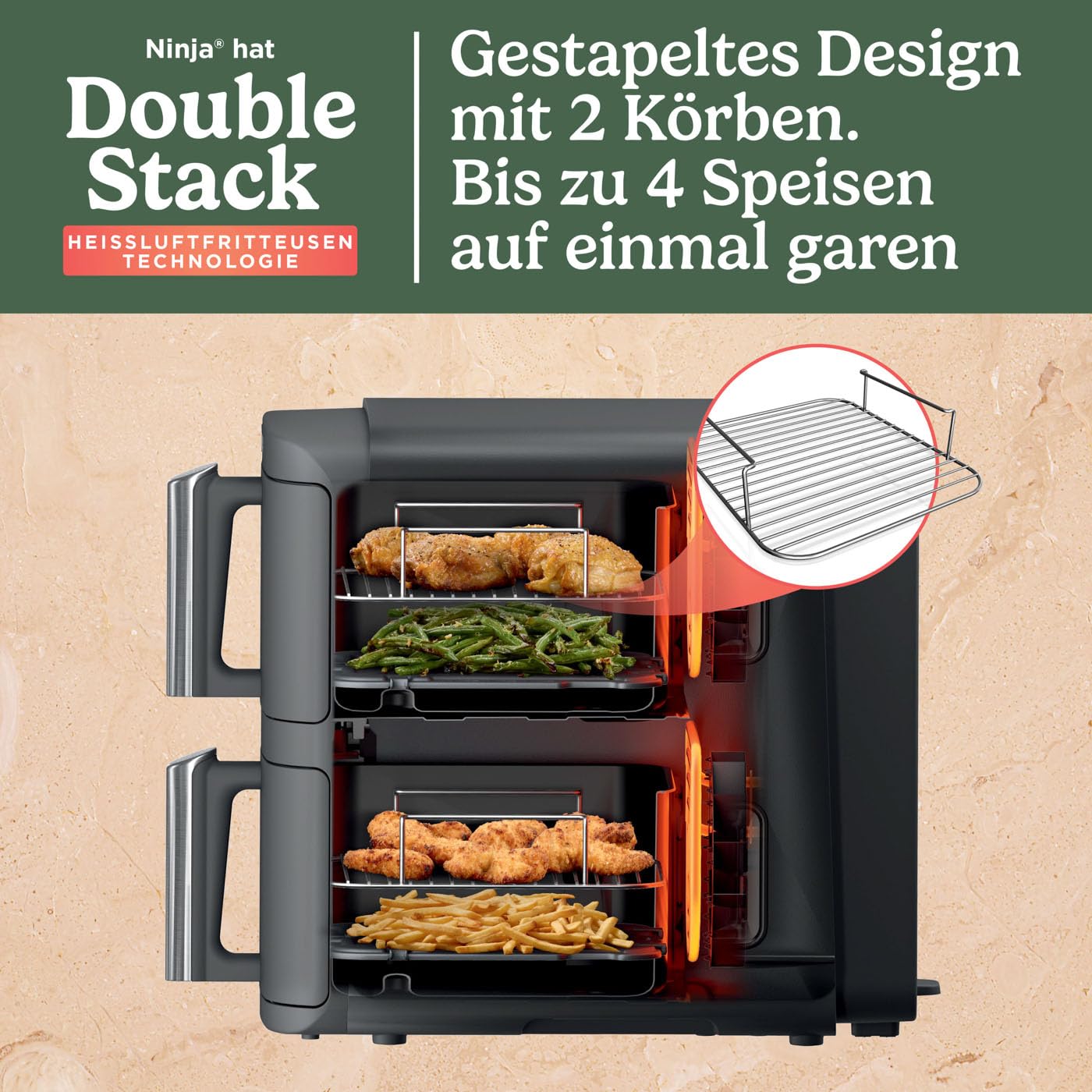 NINJA Double Stack XL Friteuse sans huile, friteuse verticale à 2 tiroirs, 4 niveaux cuisson, 2 tiroirs et 2 grilles, design compact, capacité de 9,5L, 6 fonctions de cuisson, 8 portions, gris SL400EU