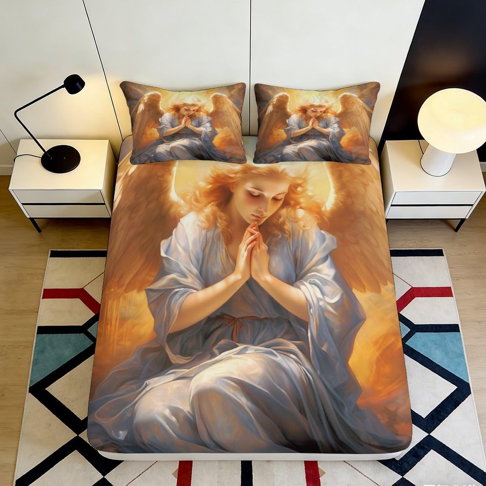 3D Printed Angel Wings Fitted Sheet Microfiber Soft Blue Gold Praying Angel Mattress Cover Bedroom Dorm Decor 140x200x25cm