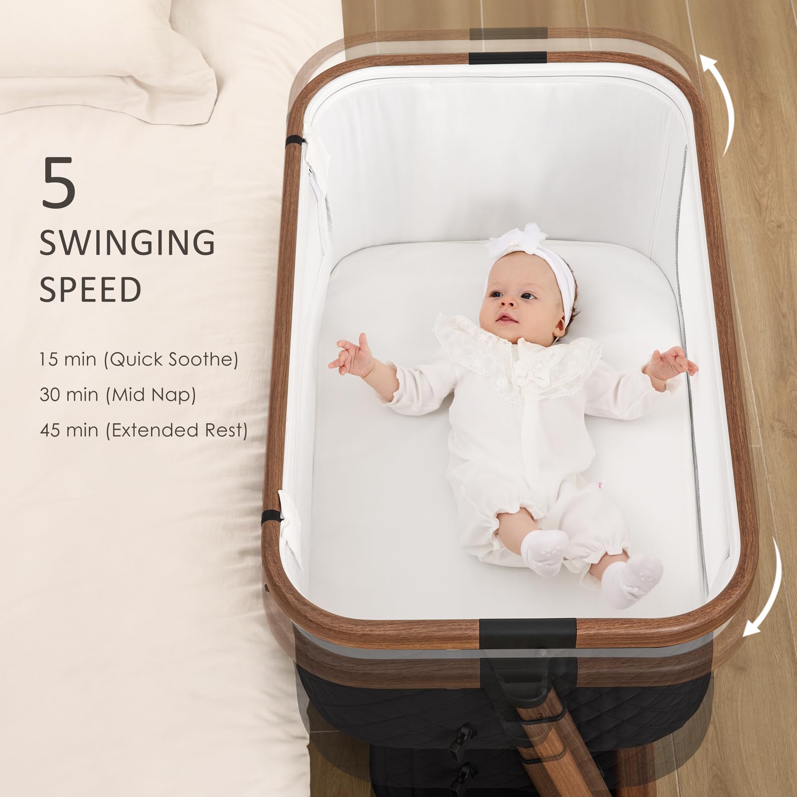 ANGELBLISS Electric Baby Bassinet Bedside Sleeper with Auto Rocking, Remote/Touch Control, 3 Timer Modes, 12 Sounds, 6 Heights, Storage & Wheels (Black) | Breathable Mesh — view 8