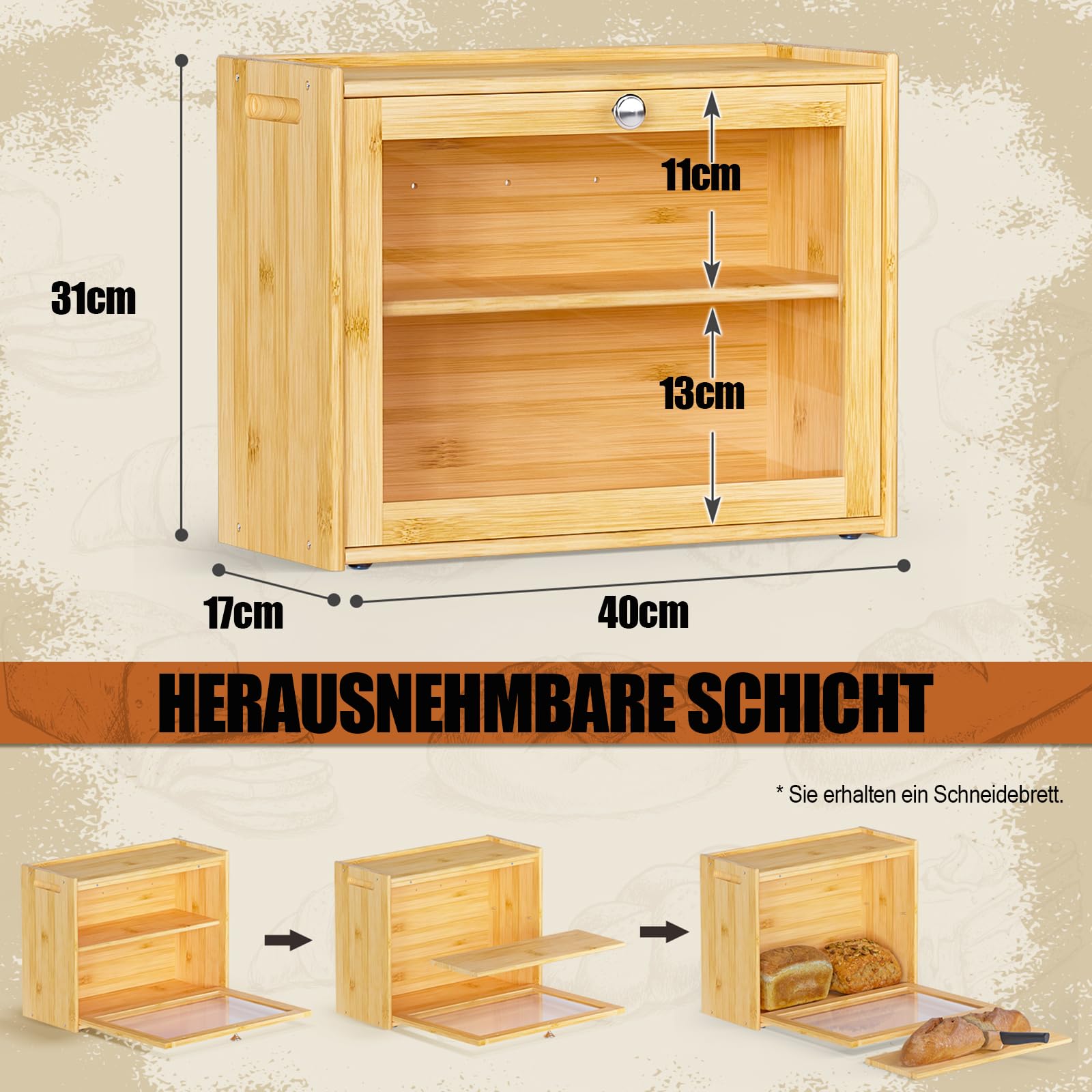 Panera de bambú con ventilación, 2 estantes y ventana grande, de madera, para pan, apto para alimentos, fácil de limpiar, 40 x 31 x 17,5 cm