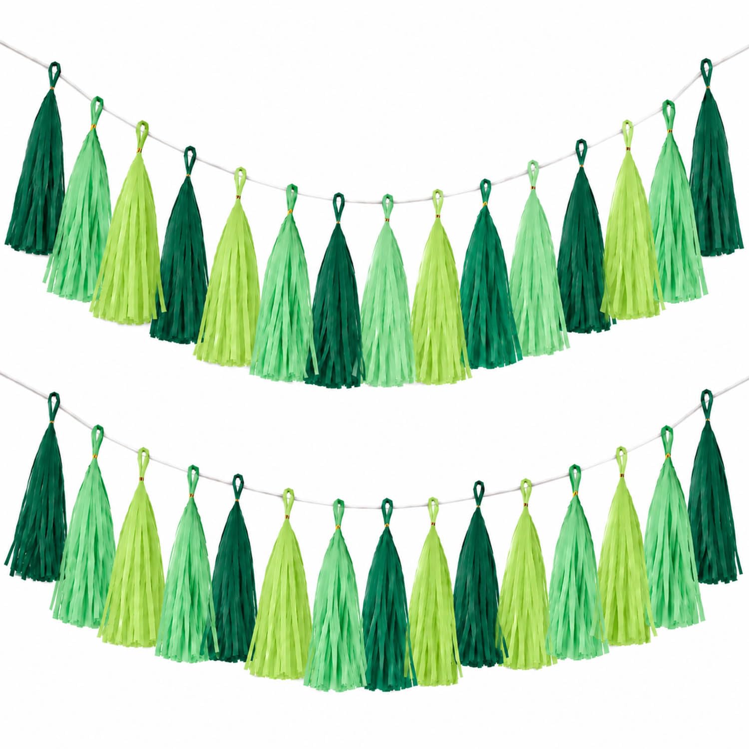 Green Paper Tassel Garland Banner - Tri-Color Handmade Tassels for Party Decorations, Wedding Backdrop, DIY Crafts (30-Pack)