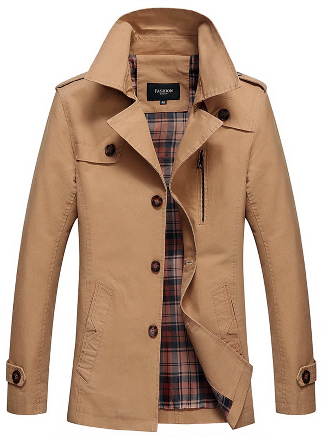 Salamay Men's Casual Single-Breasted Cotton Lightweight Jacket Trenchcoat Windbreaker Dark Khaki Large