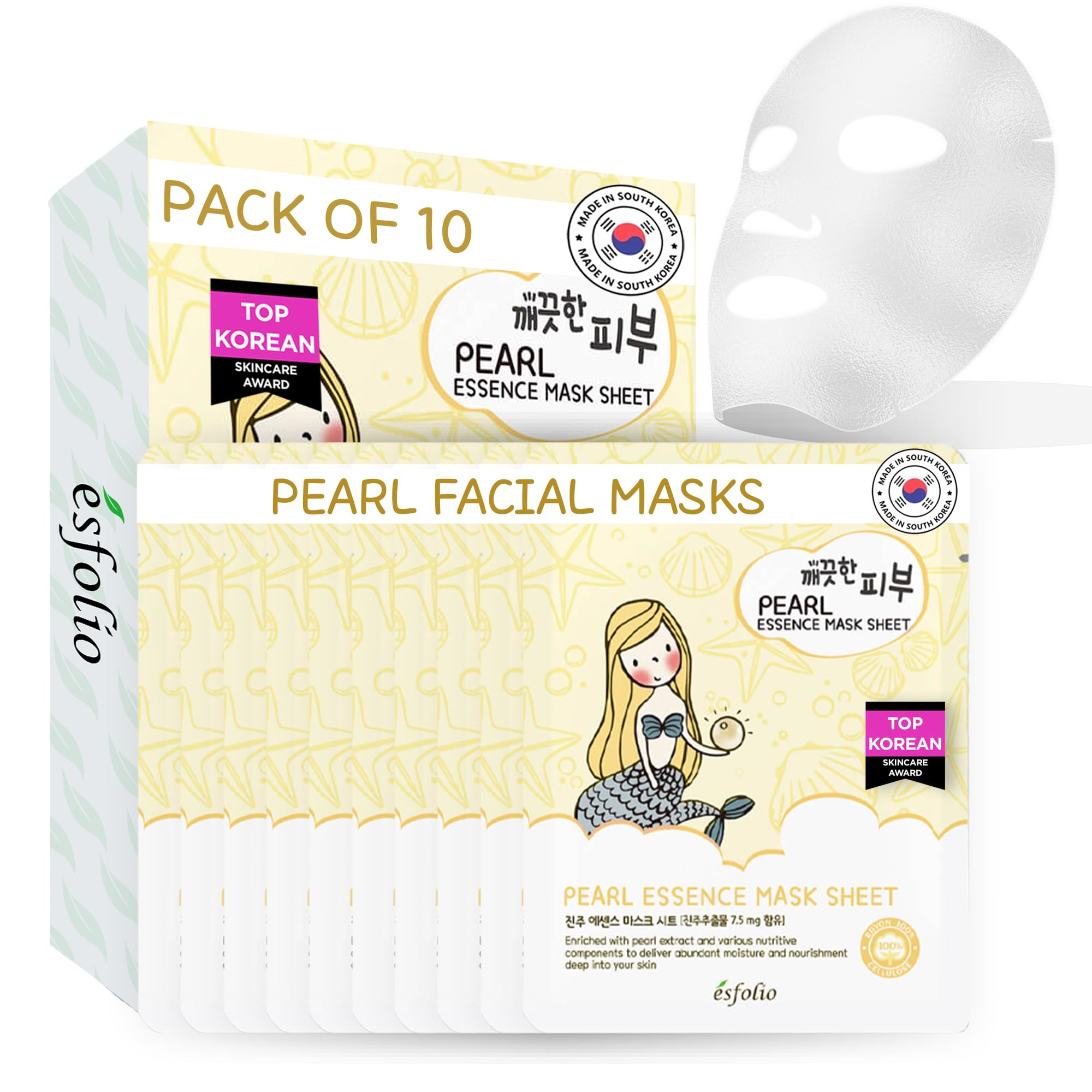 esfolio Pure Skin Mask Box – Pearl Essence Sheet Mask Set, Hydrating & Nourishing Korean Face Masks, Revitalizing Skincare for Soft, Smooth, and Radiant Skin (Pack of 10)
