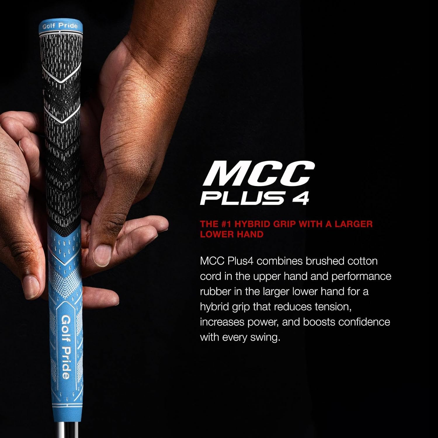 Golf Pride MCC Plus4 Golf Club Grip - All-Weather Hybrid Grip with Larger Lower Hand - Brushed Cotton Cord & Pebbled Texture - Light Blue/White