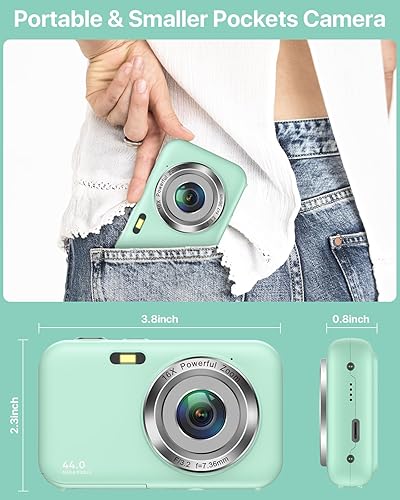 Vista 5 de Cámara digital, cámara para niños con tarjeta de 32GB, cámara FHD 1080P de 44MP para vlogging, cámara compacta recargable portátil de 16X zoom