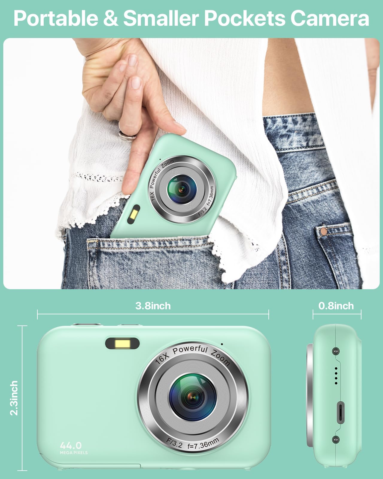 Macchina Fotografica Digitale con scheda da 32GB, 1080P 44MP Fotocamera Digitale Compatta con Zoom Digitale 16X Flash e Batterie, Ricaricabile Fotocamera per Bambini, Adulti, Principianti (Verde)