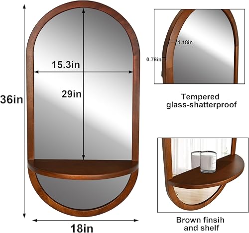 Miniatura 3 de Tanmicoshomy Espejo de pared cápsula con marco de madera con estante extraíble, espejo arqueado de 18 x 36 pulgadas para vidrio templado,