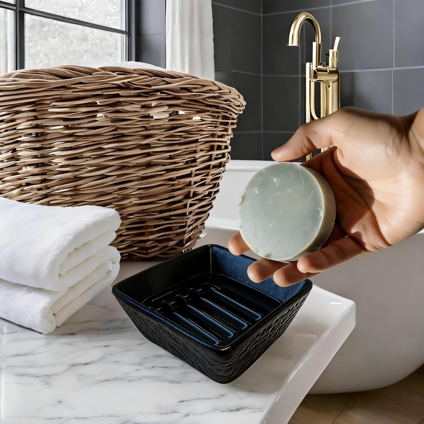 Ceramic Soap Dish, Vonpri Soap Holder Tray, Non-Slip Shower Soapbox Container for Handmade Bar Bathroom Sink, Countertop (Black, 3.5inch, Stone Texture)