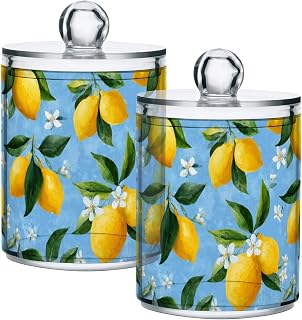 Gredecor 4 Pack Qtip Holder Clear Lemon Yellow Citrus Fruits (62) Apothecary Jars with Lids Acrylic Bathroom Jars Vanity Countertop Canister Storage Organizer for Cotton Ball,Swabs,Pads,Floss