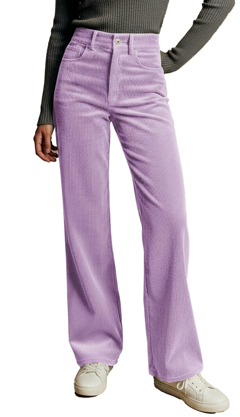 Womens Corduroy Pants High Waisted Wide Leg Dress Pants for Women Loose Business Casual Trousers with Pockets