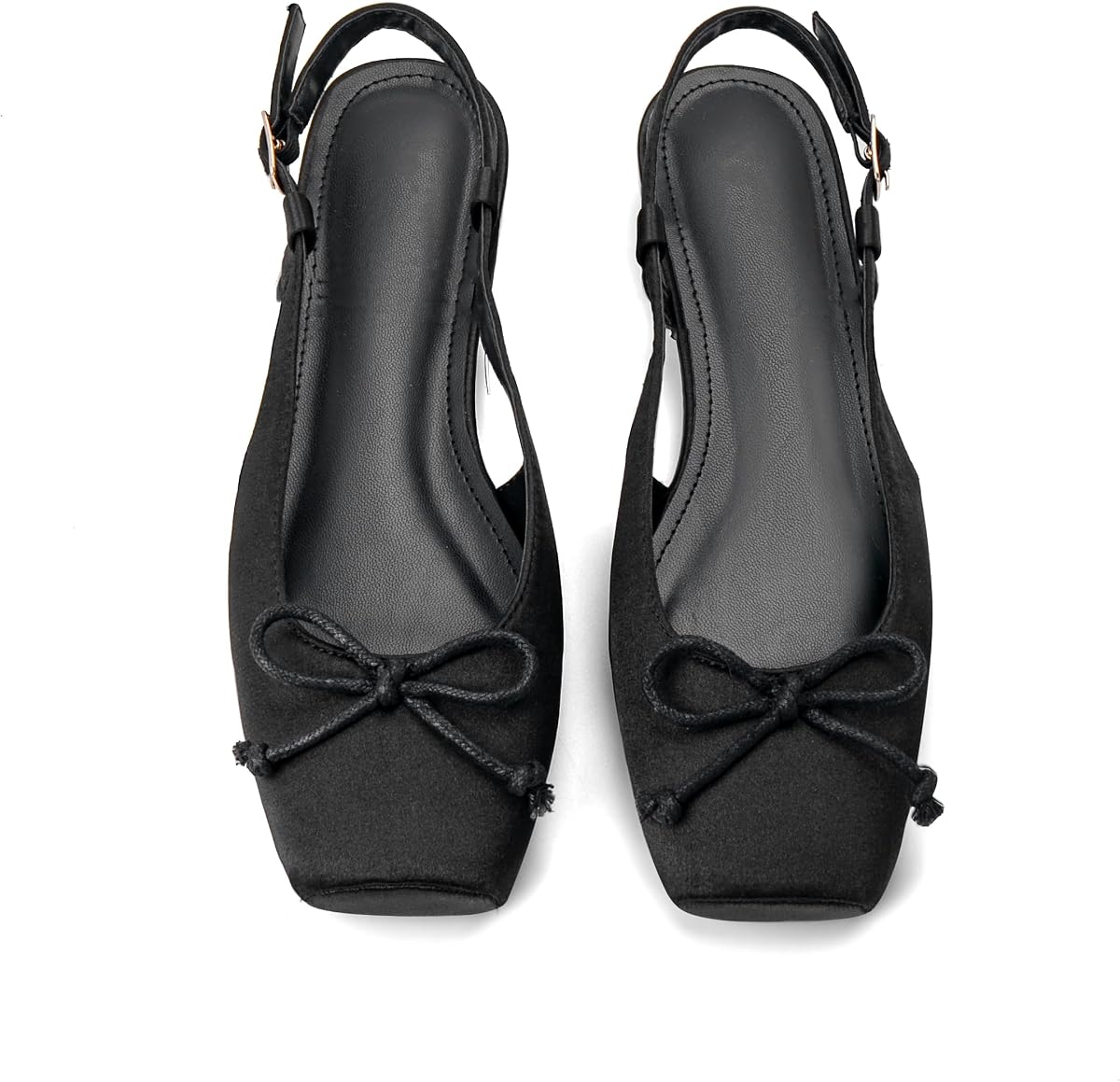 Zapatos planos de ballet para mujer con puntera cuadrada y lazo de punto con hebillas de tobillo de satén