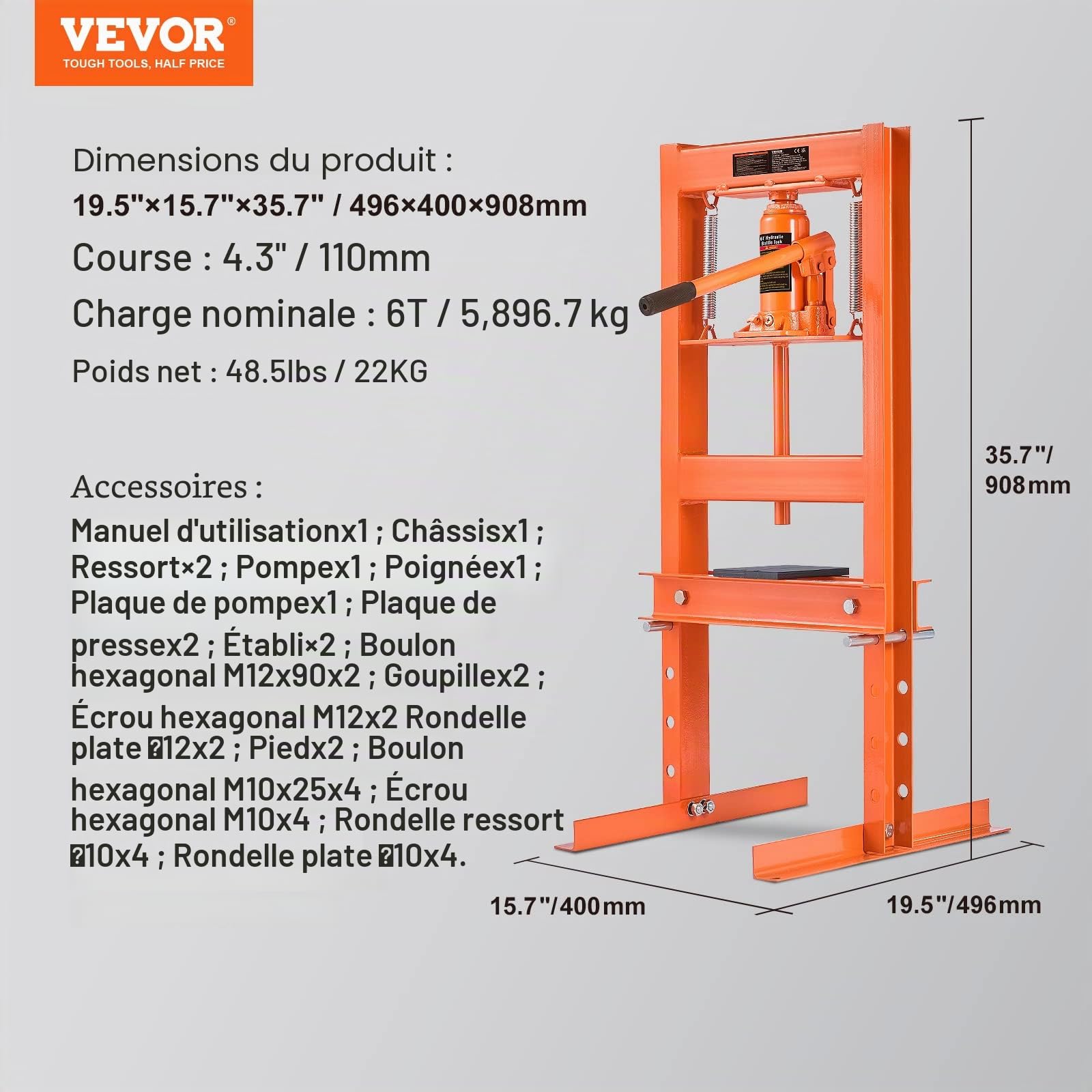 VEVOR Presse Hydraulique d'Atelier 6 T Presse Automobile d’Établi Course 110 mm Hauteur 55-250 mm avec Vérin Cadre en H Robuste pour Montage Démontage des Silentblocs Roulements Pliage Redressage