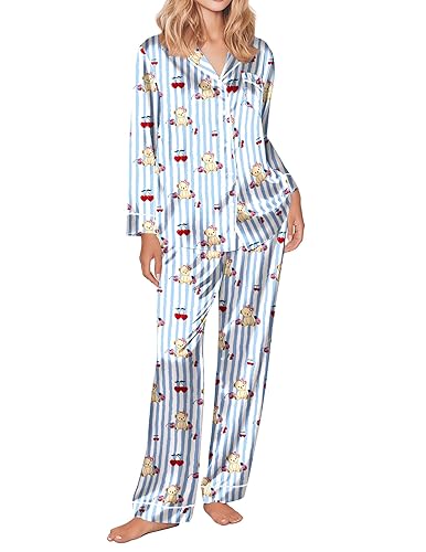 Ekouaer Silk Satin Pajama Set for Womens Button Up Long